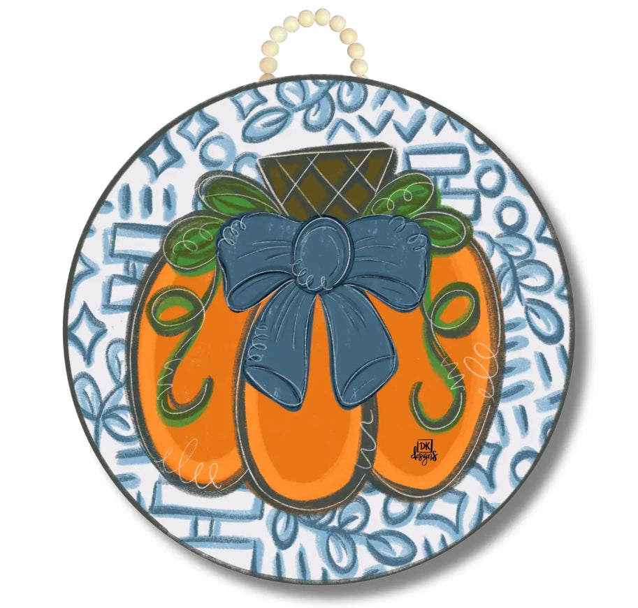 Blue Bow Pumpkin Circle Door Hanger