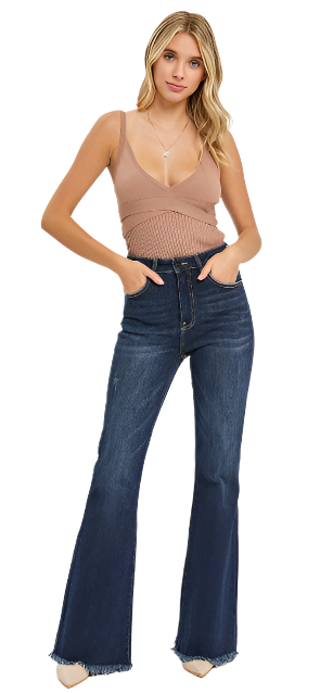 Risen High Rise Vintage Frayed Hem Flare Jeans