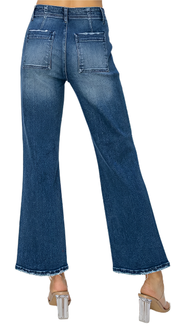 Risen High Rise Patch Pockets Ankle Flare Jeans