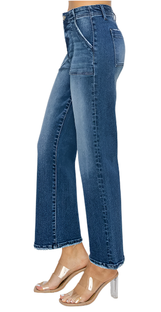 Risen High Rise Patch Pockets Ankle Flare Jeans