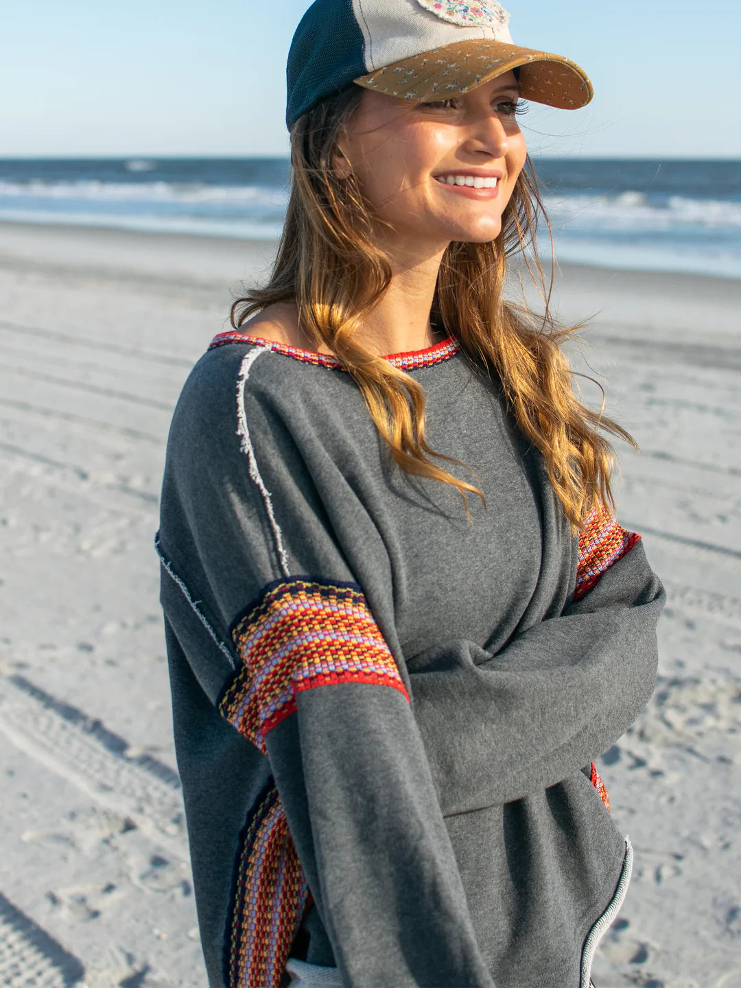 Natural Life Knit Trim Sweatshirt-Charcoal