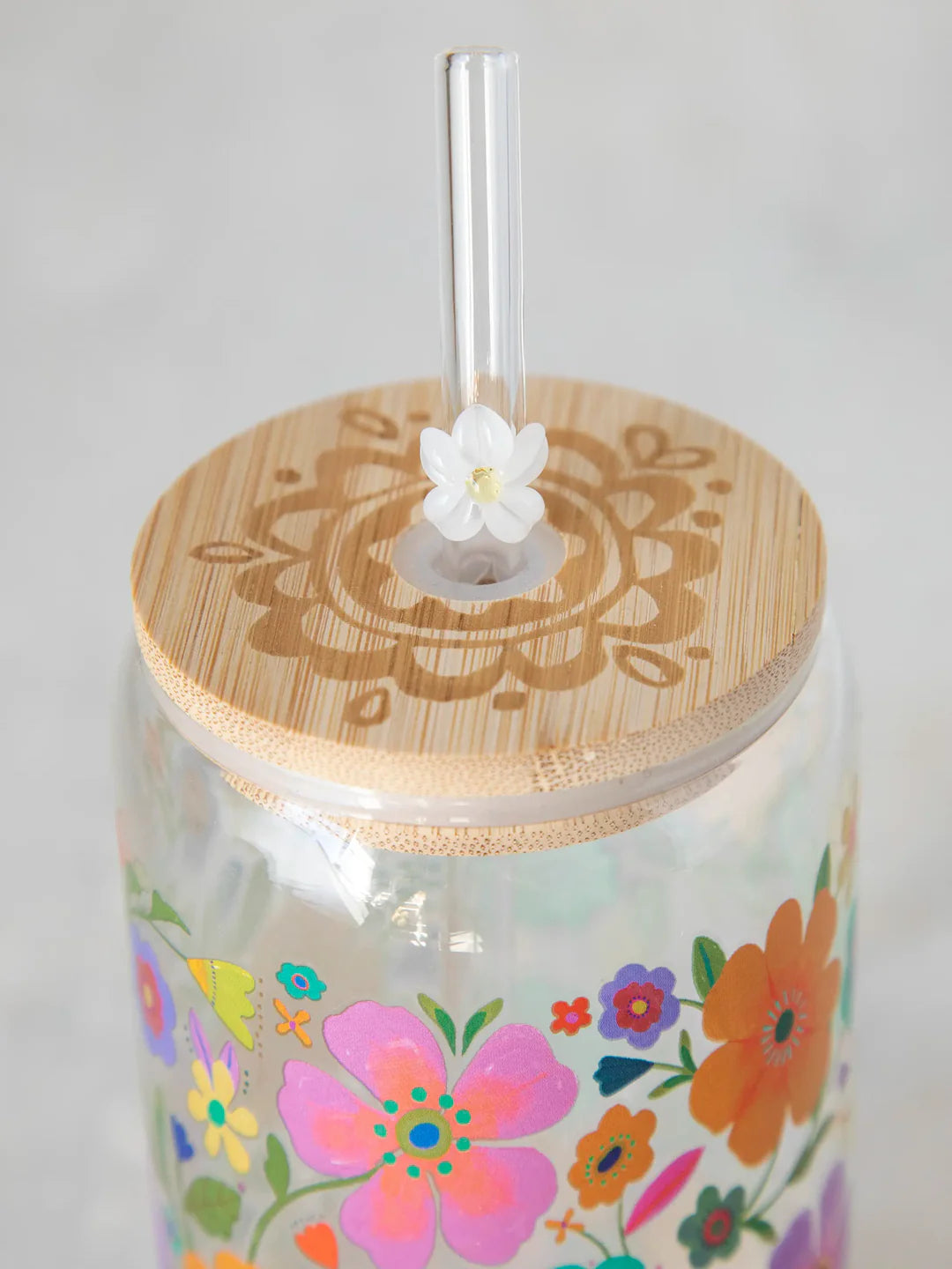 Natural Life Glass Tumbler with Lid & Straw-Folk Flower