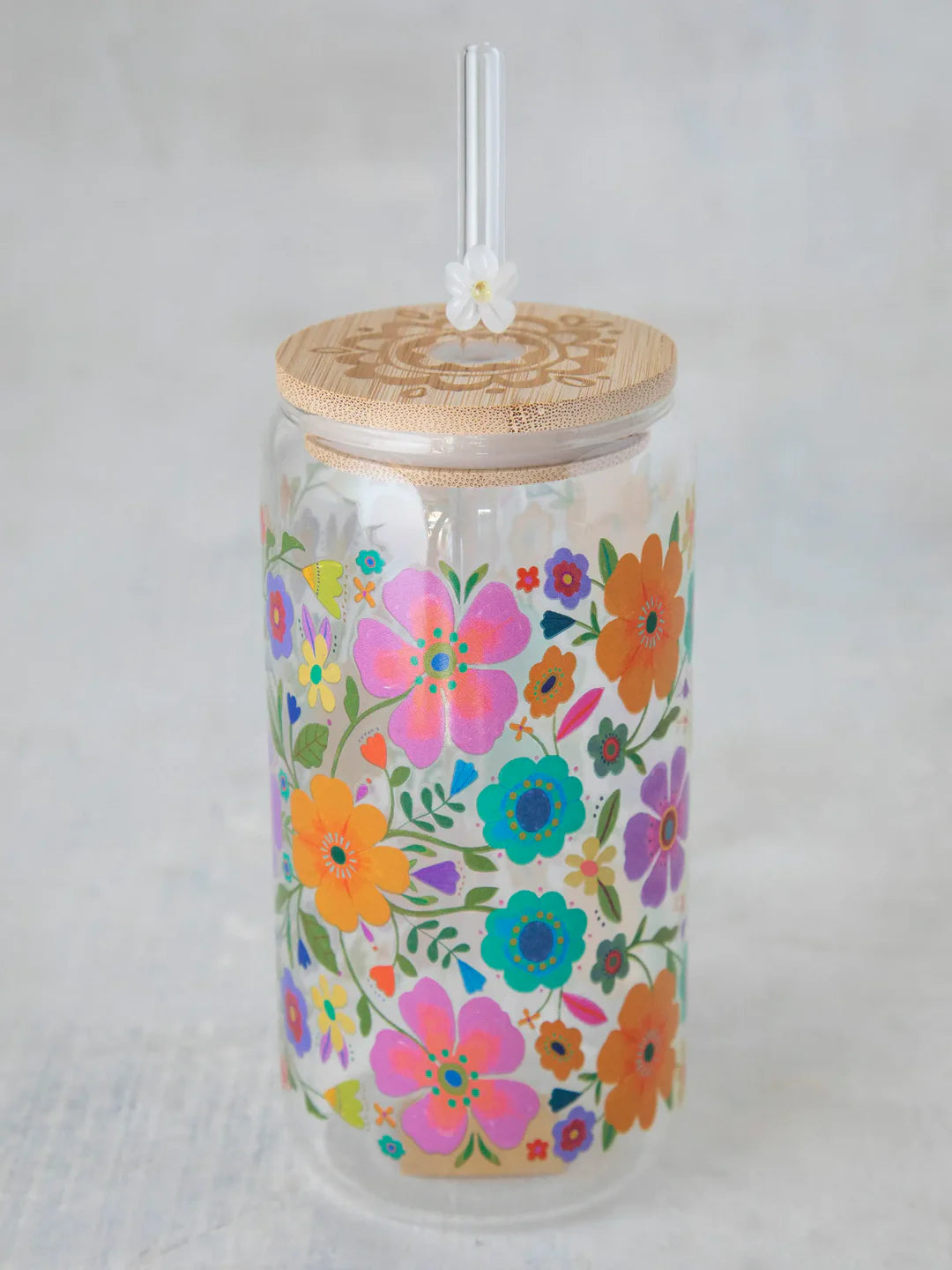 Natural Life Glass Tumbler with Lid & Straw-Folk Flower
