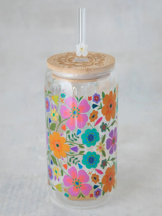 Natural Life Glass Tumbler with Lid & Straw-Folk Flower