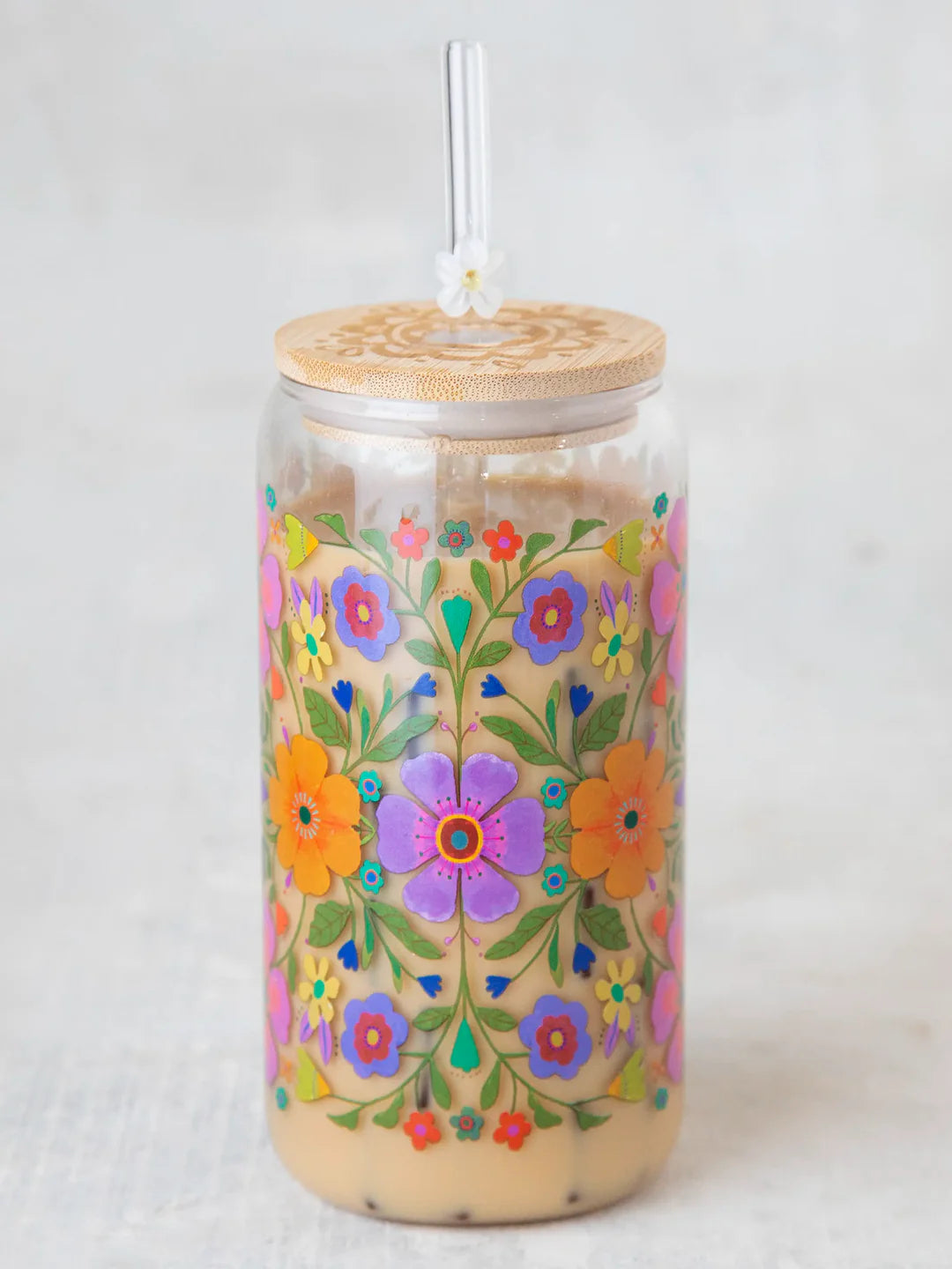 Natural Life Glass Tumbler with Lid & Straw-Folk Flower