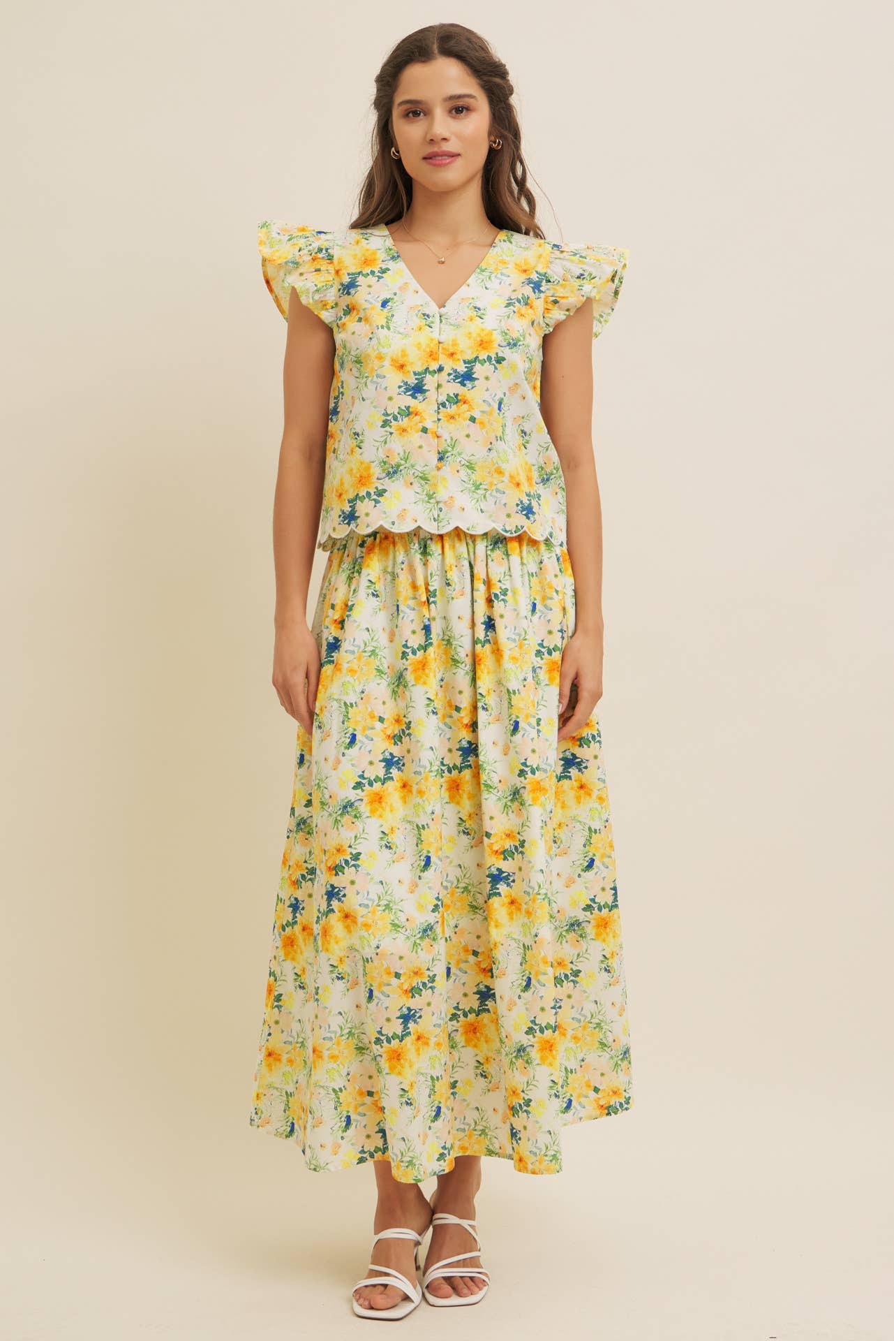 FLORAL MAXI SKIRT WITH POCKETS AND ELASTIC BAND