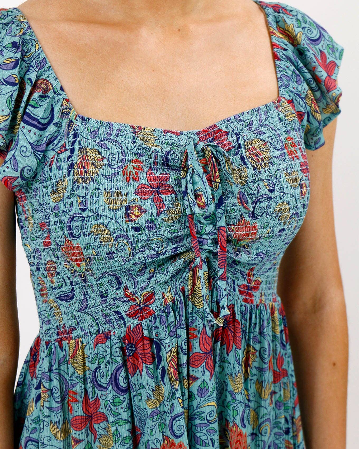 Border Print Smocked Dress in Blue Floral Print