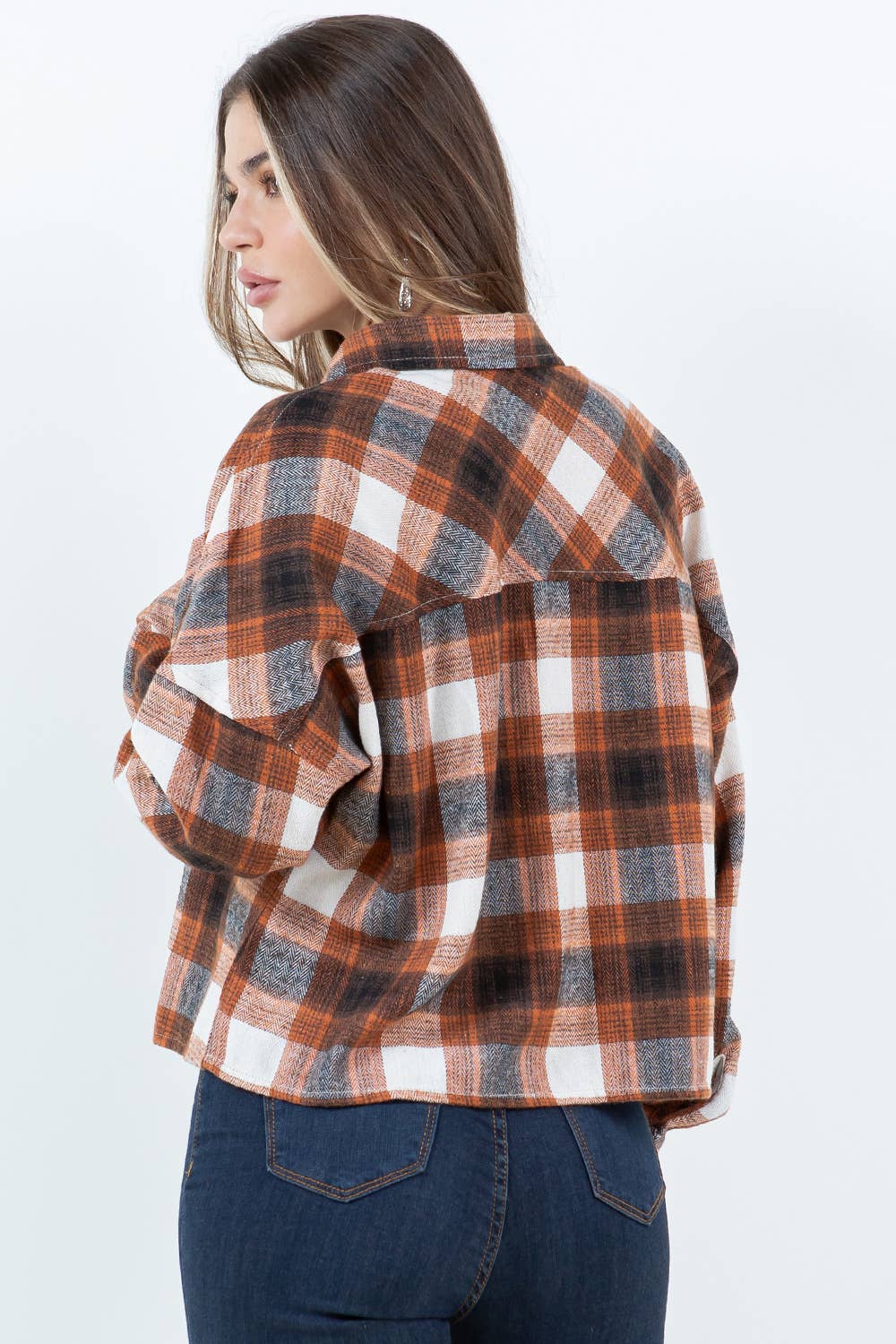 Cropped Boxy Long Sleeve Plaid Shirt