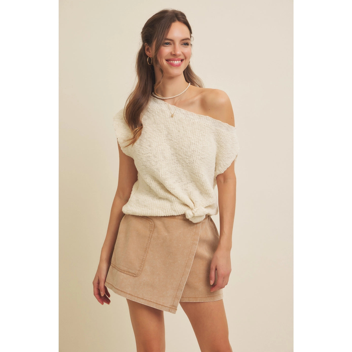 Mineral-Washed Twill Skort with Elastic Waist