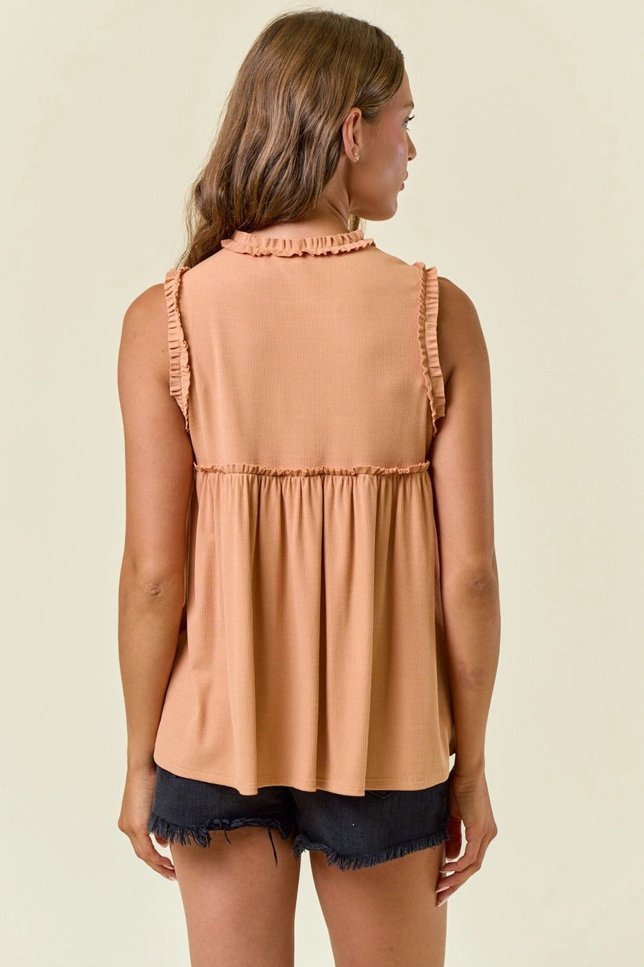 Soft Rib Ruffled Round Neck Sleeveless Flowy Top