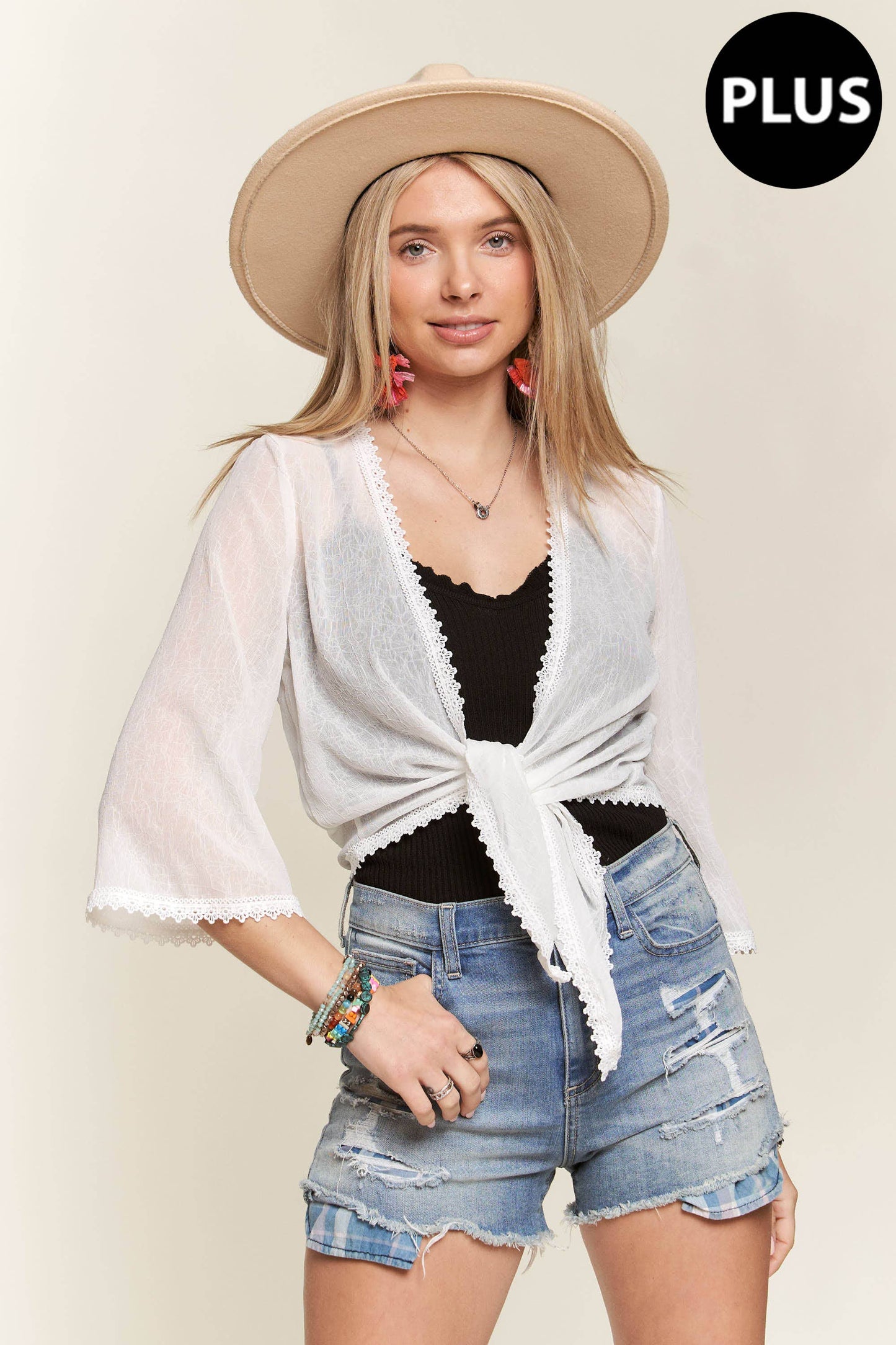 PLUS TEXTURED CHIFFON FRONT TIE BOLERO (CARDIGAN)