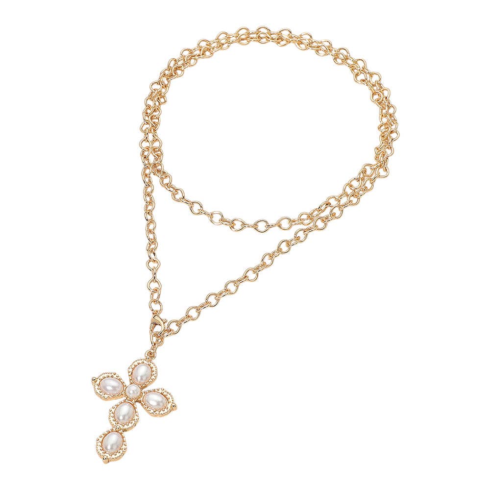Pearl Cross Pendant Long Necklace