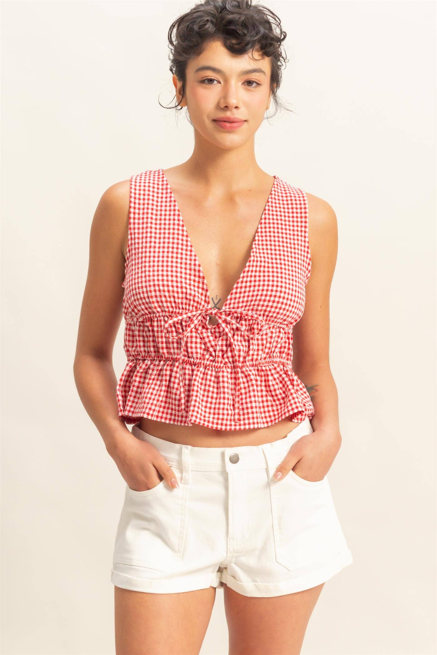 V-Neck Bow Detail Sleeveless Gingham Top