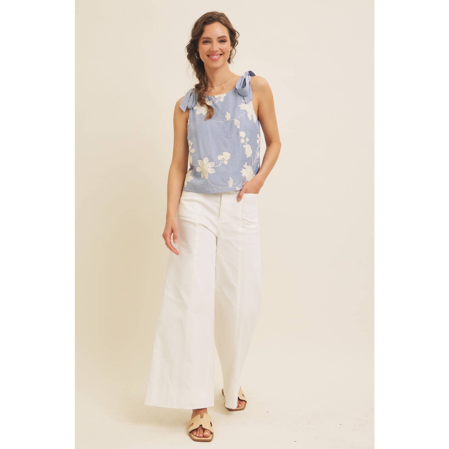 ROMANTIC EMBROIDERY BLOUSE TOP WITH BOW STRAPS