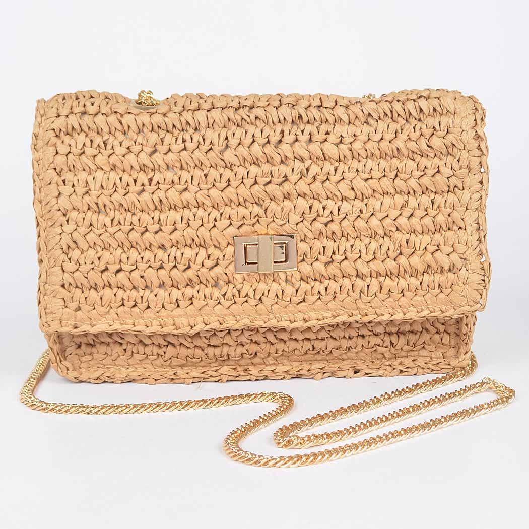 Faux Straw Flap Chain Shoulder Clutch