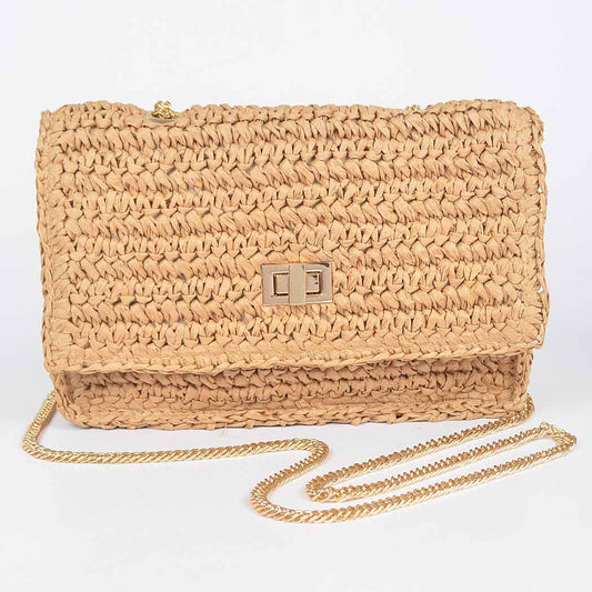 Faux Straw Flap Chain Shoulder Clutch