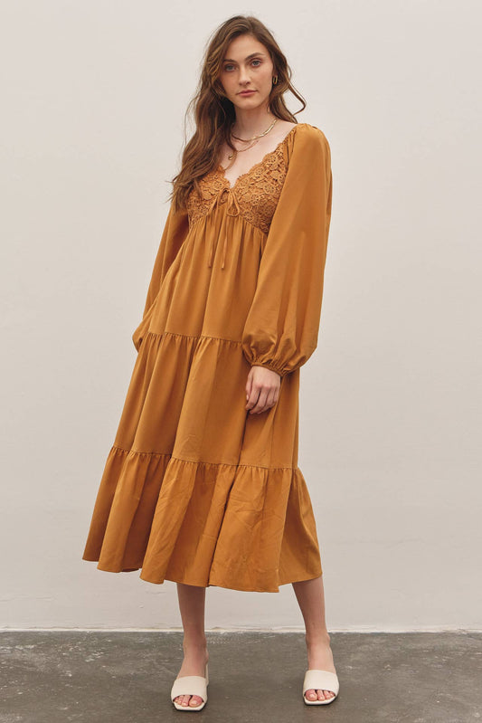 SCALLOP LACE V-NECK SMOCKED MIDI DRESS