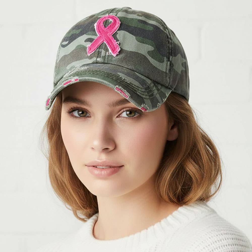 Pink Ribbon Accented Vintage Baseball Cap