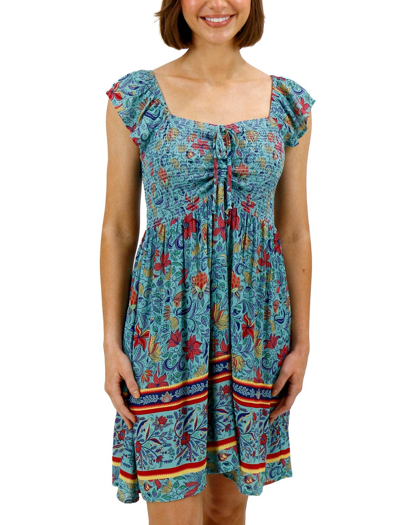 Border Print Smocked Dress in Blue Floral Print