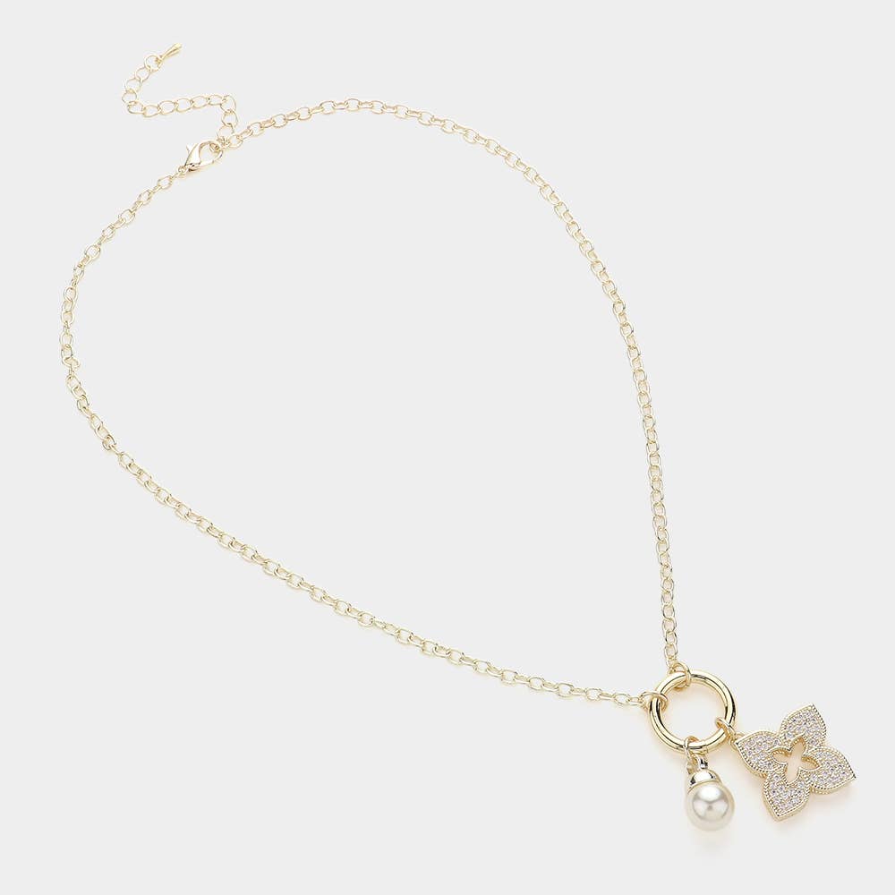14K Gold Plated CZ Paved Clover Pearl Charm Pendant Necklace