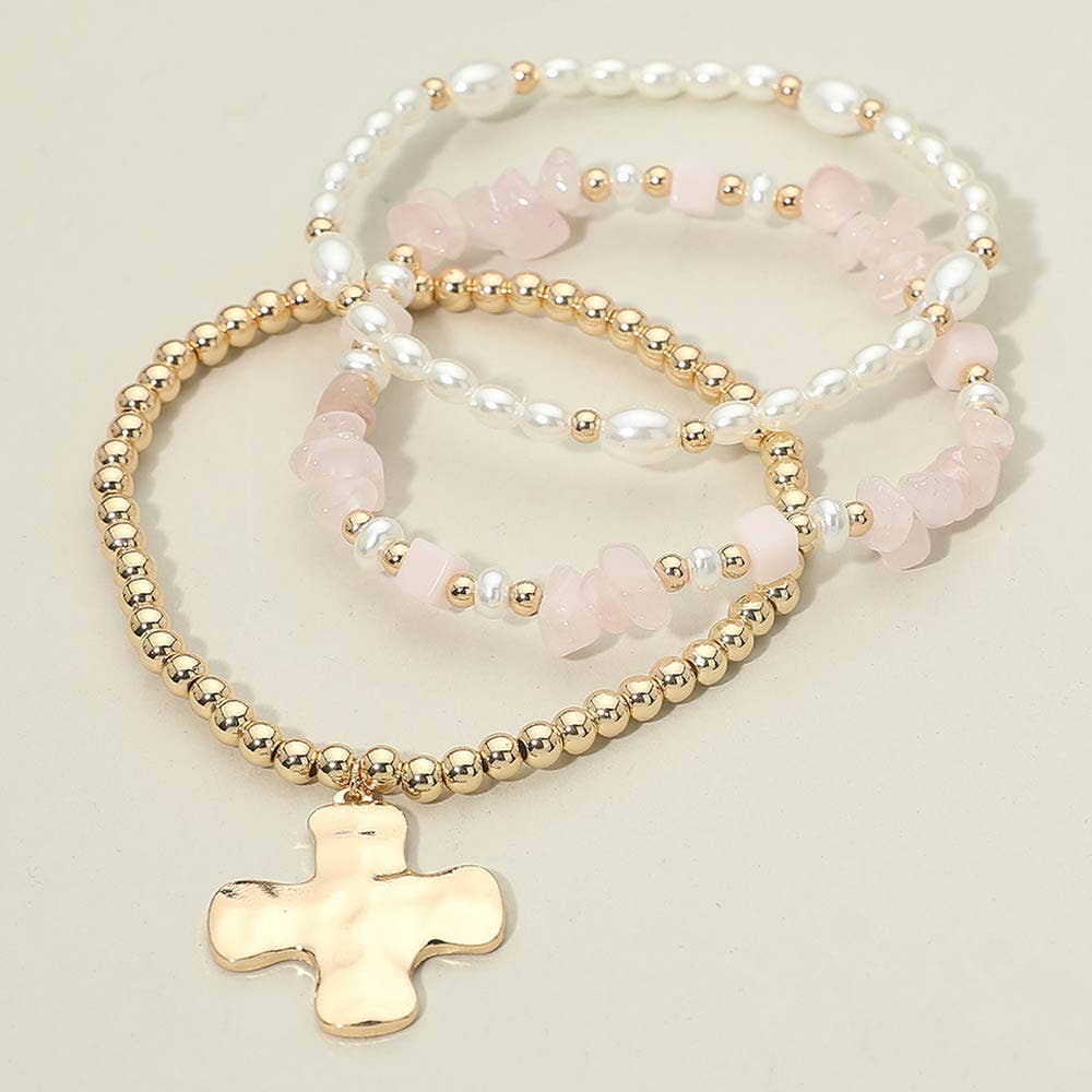 Hammered Metal Cross Charm Pearl Beaded Stretch Multi Layered Bracelets-3 PCS