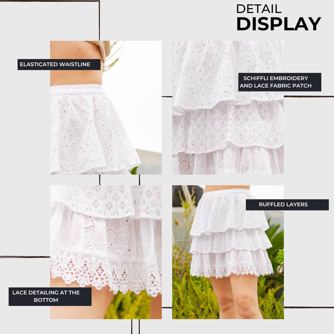 Women Mini Skirt Ruffle & Patch - Schiffli Embroidery