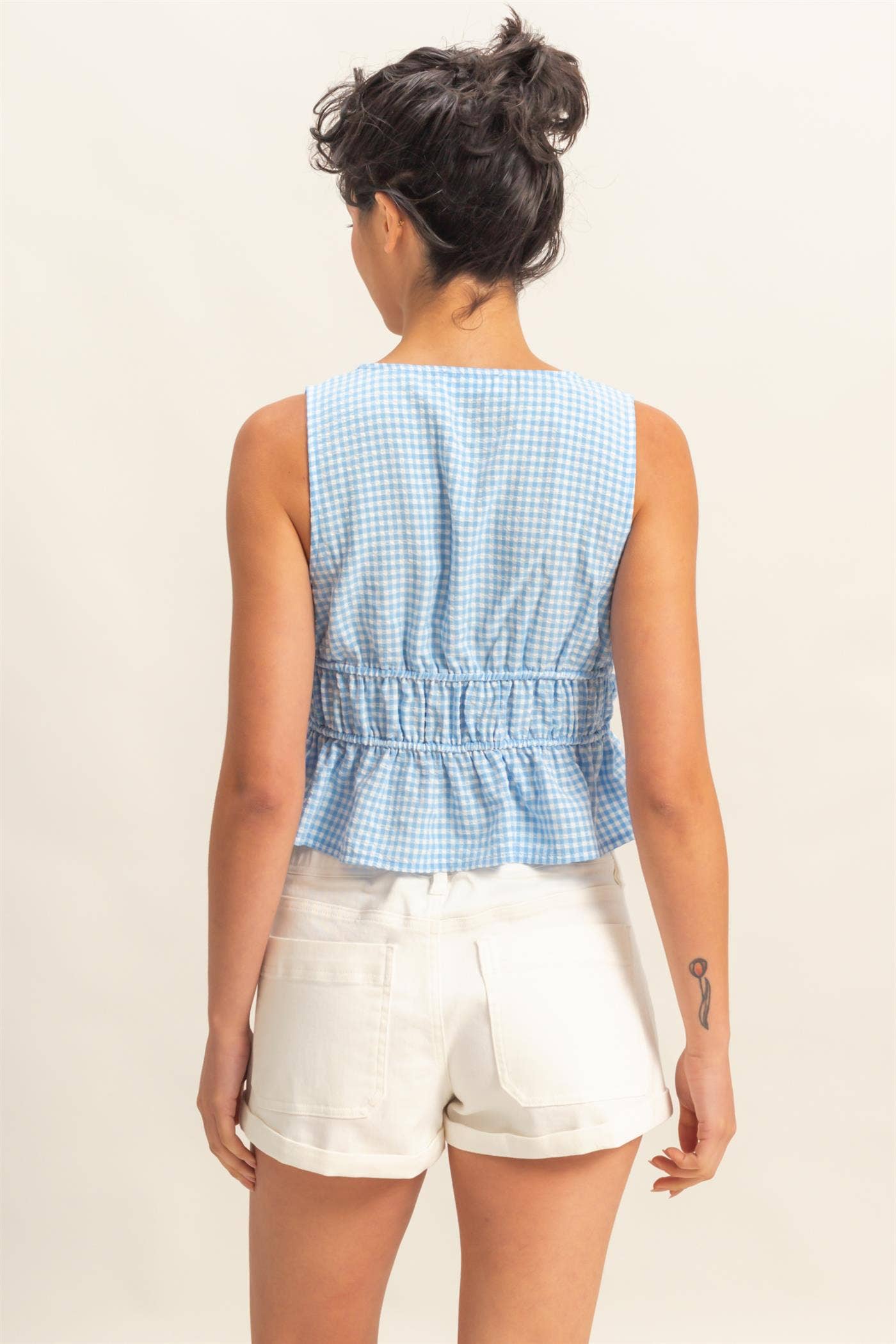 V-Neck Bow Detail Sleeveless Gingham Top