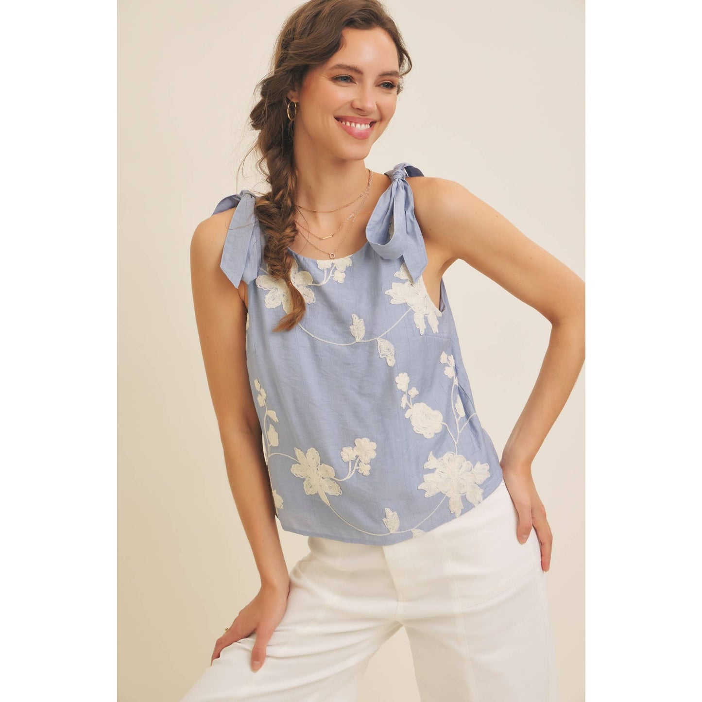 ROMANTIC EMBROIDERY BLOUSE TOP WITH BOW STRAPS