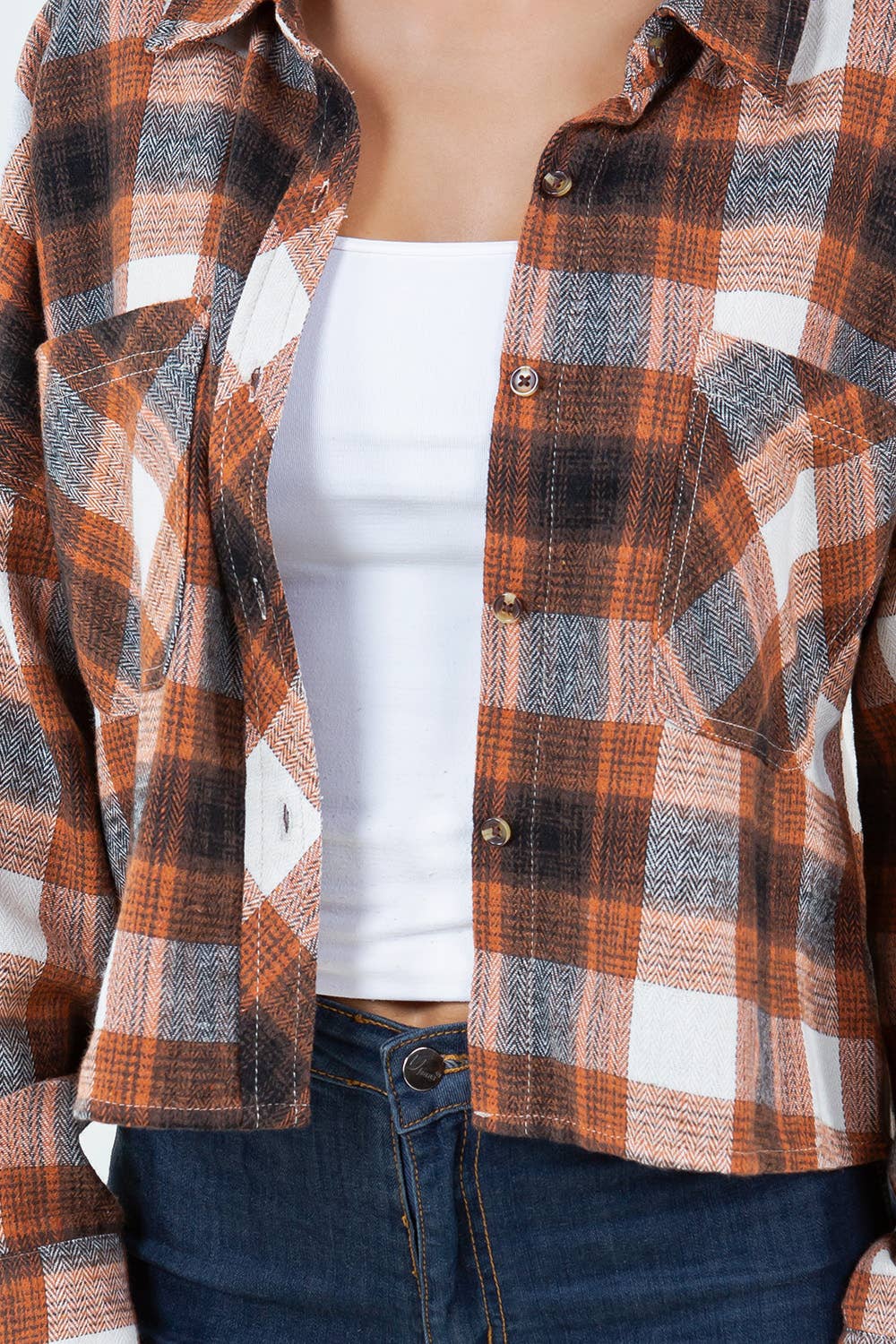 Cropped Boxy Long Sleeve Plaid Shirt