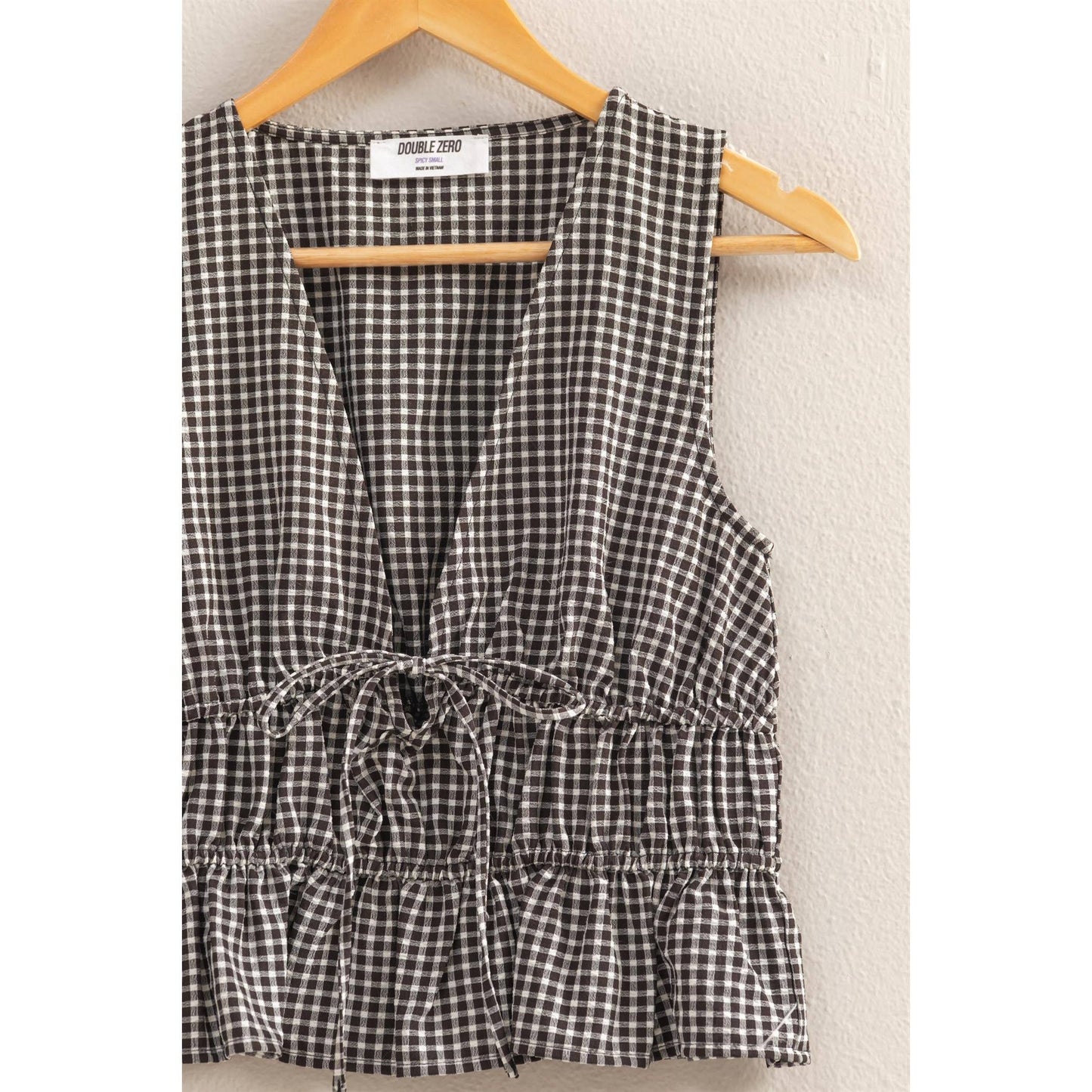 V-Neck Bow Detail Sleeveless Gingham Top