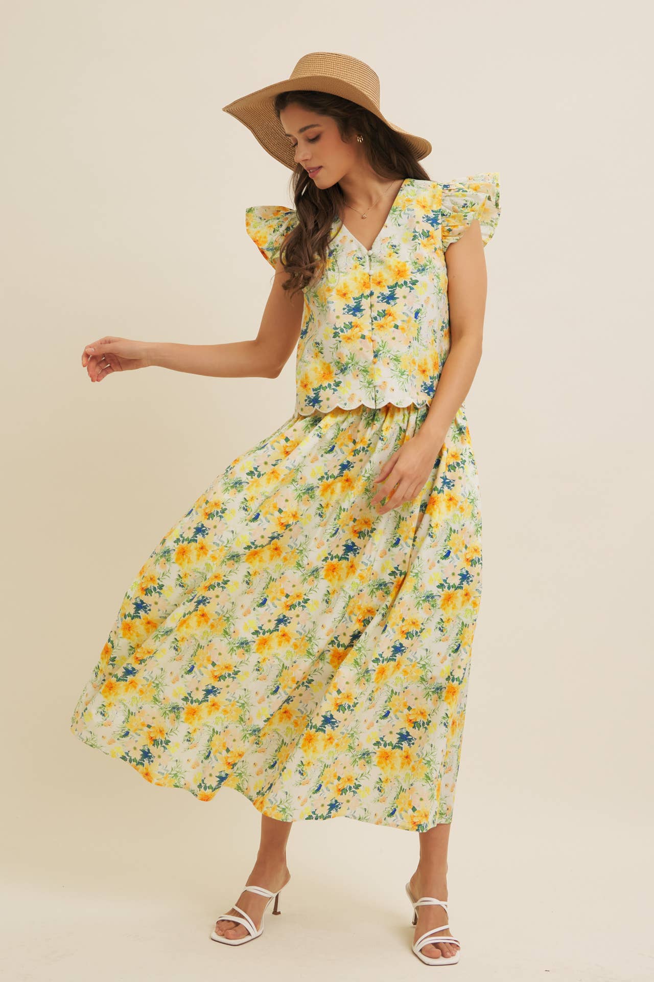 FLORAL MAXI SKIRT WITH POCKETS AND ELASTIC BAND