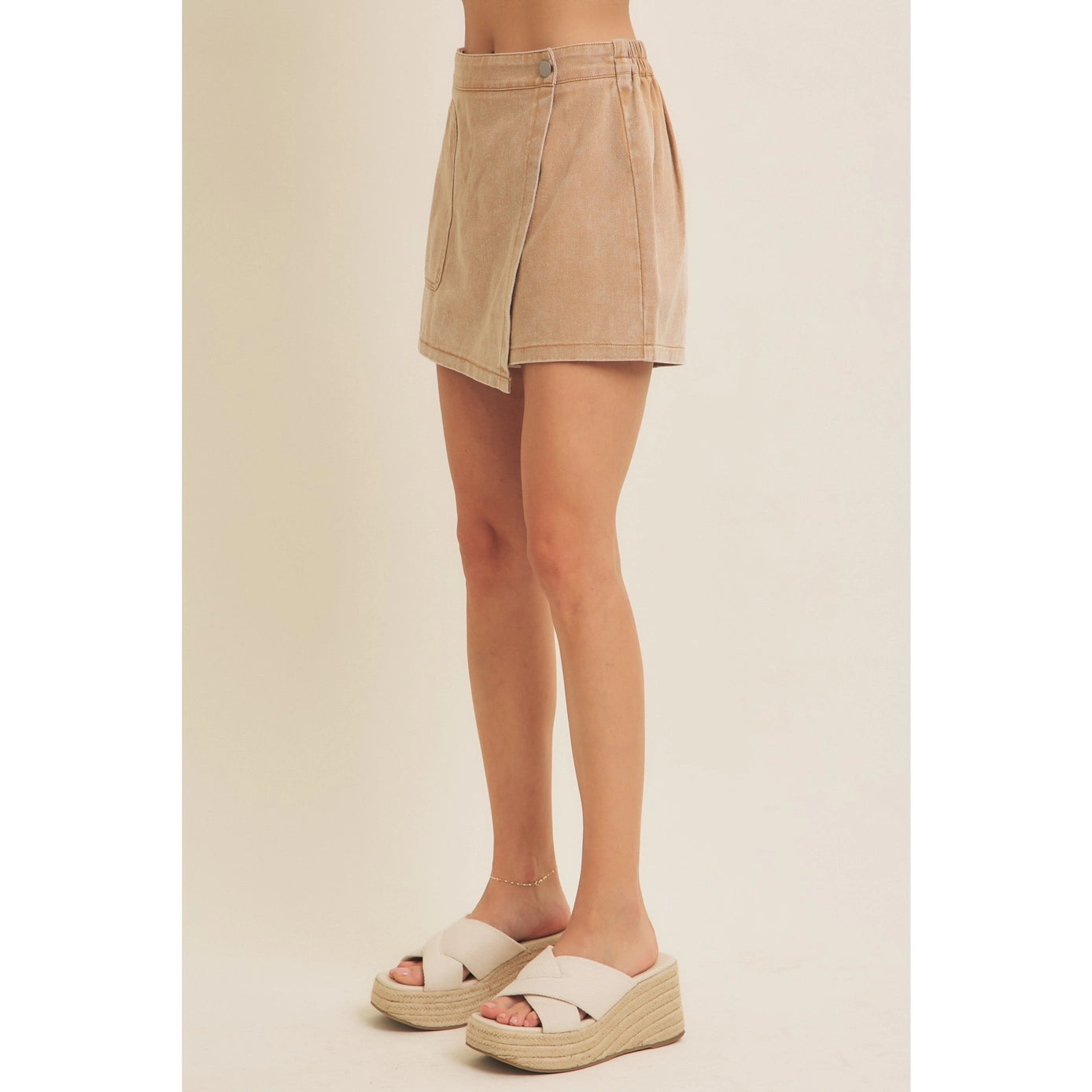 Mineral-Washed Twill Skort with Elastic Waist