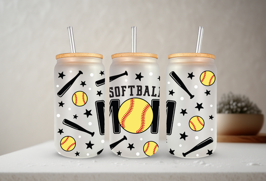 Softball Mom | 20 oz Glass Libbey with Bamboo Lid & Straw