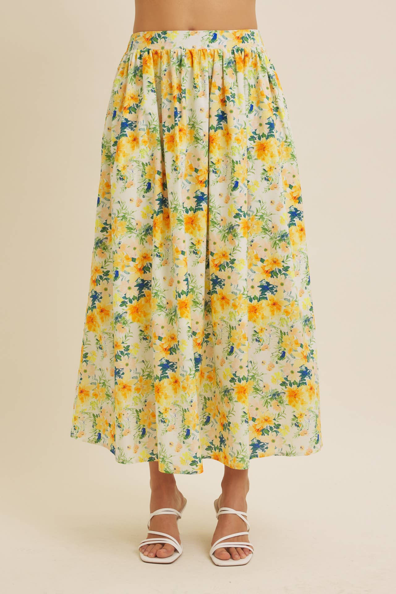 FLORAL MAXI SKIRT WITH POCKETS AND ELASTIC BAND