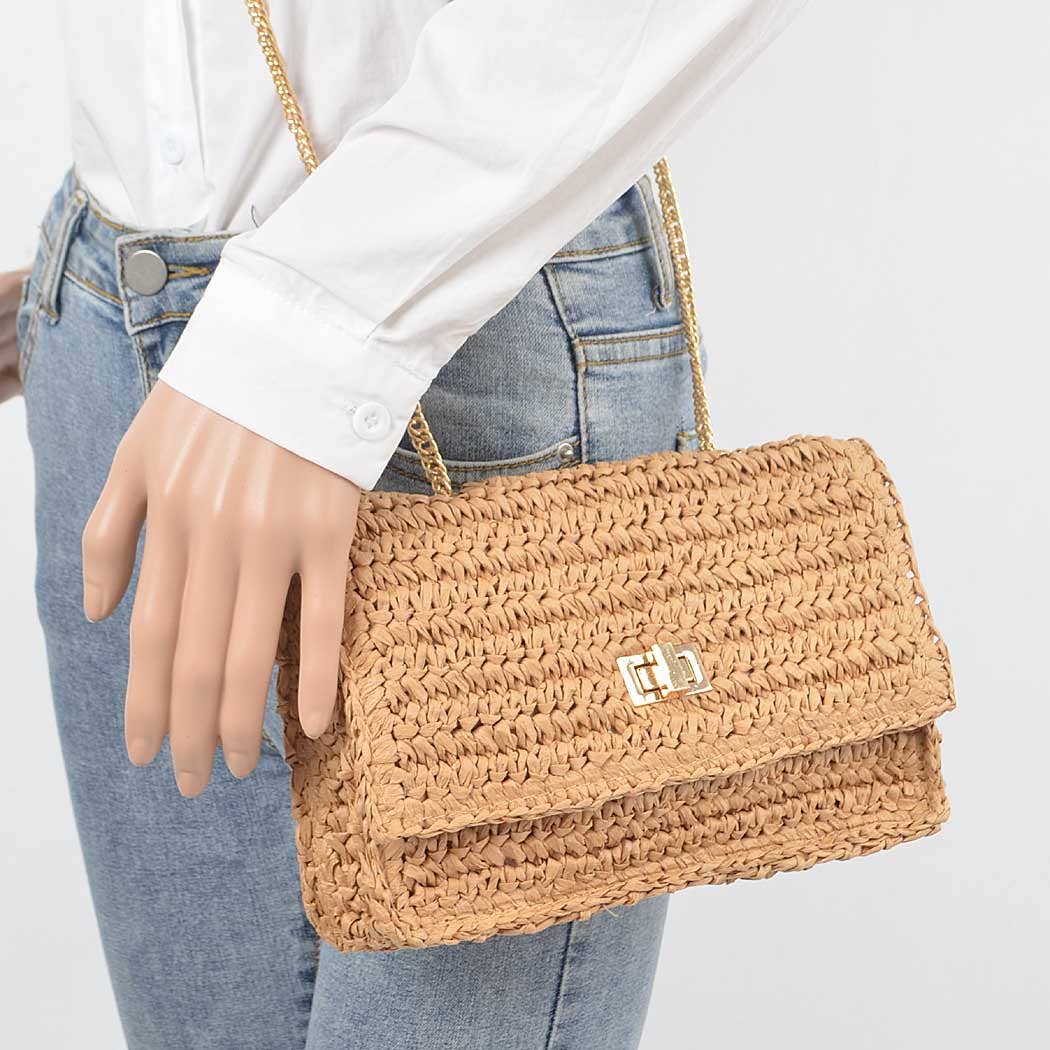 Faux Straw Flap Chain Shoulder Clutch