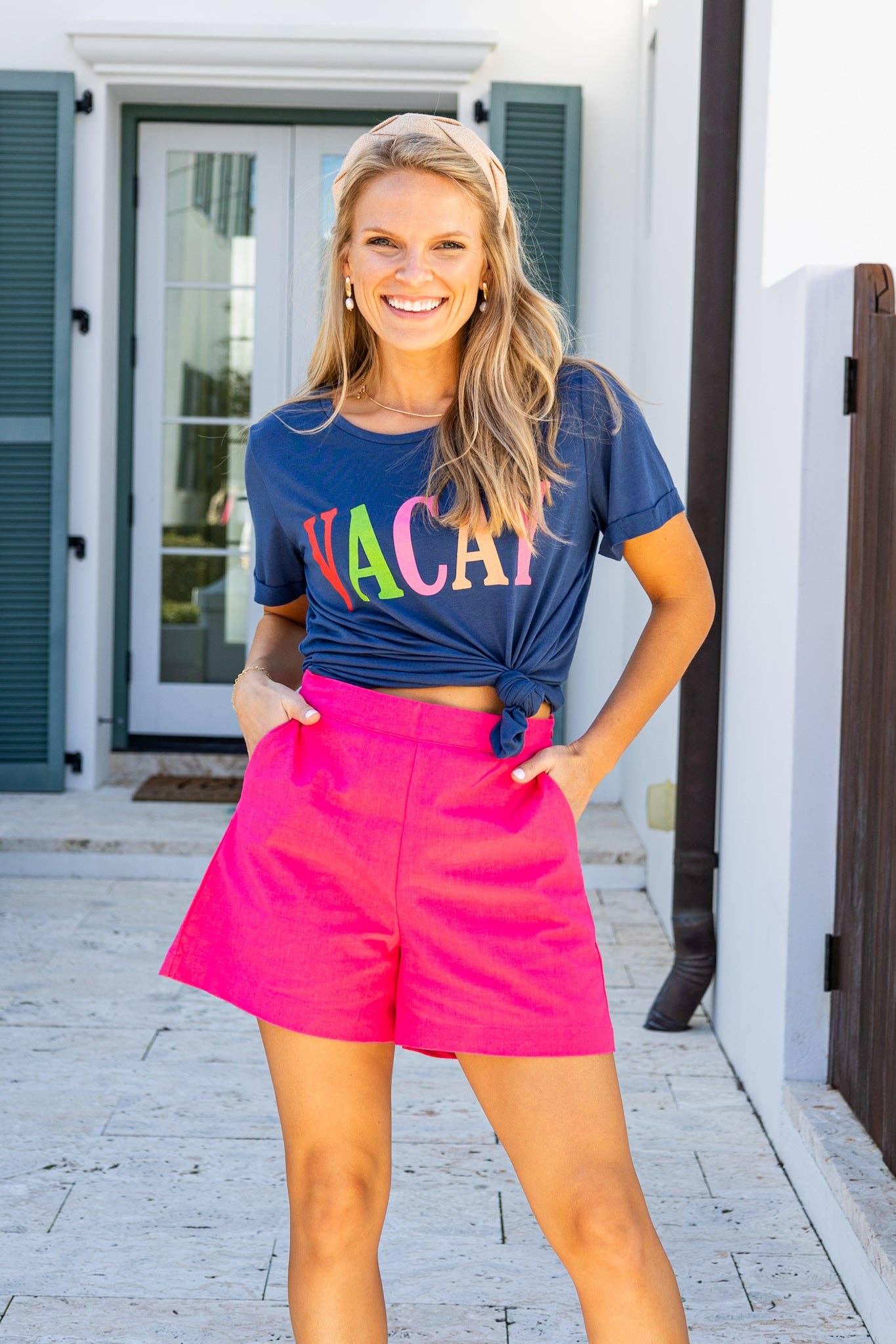 The Vacay on Navy Crewneck Cuff Tee – Sail Away in Playful Comfort