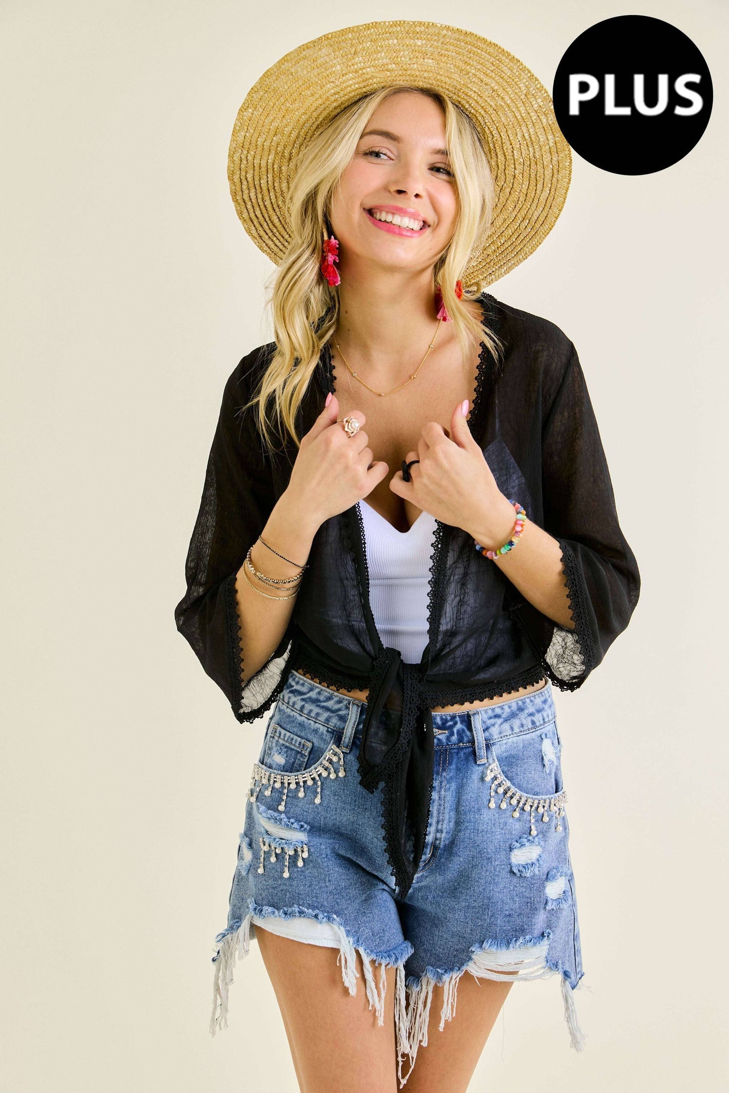 PLUS TEXTURED CHIFFON FRONT TIE BOLERO (CARDIGAN)