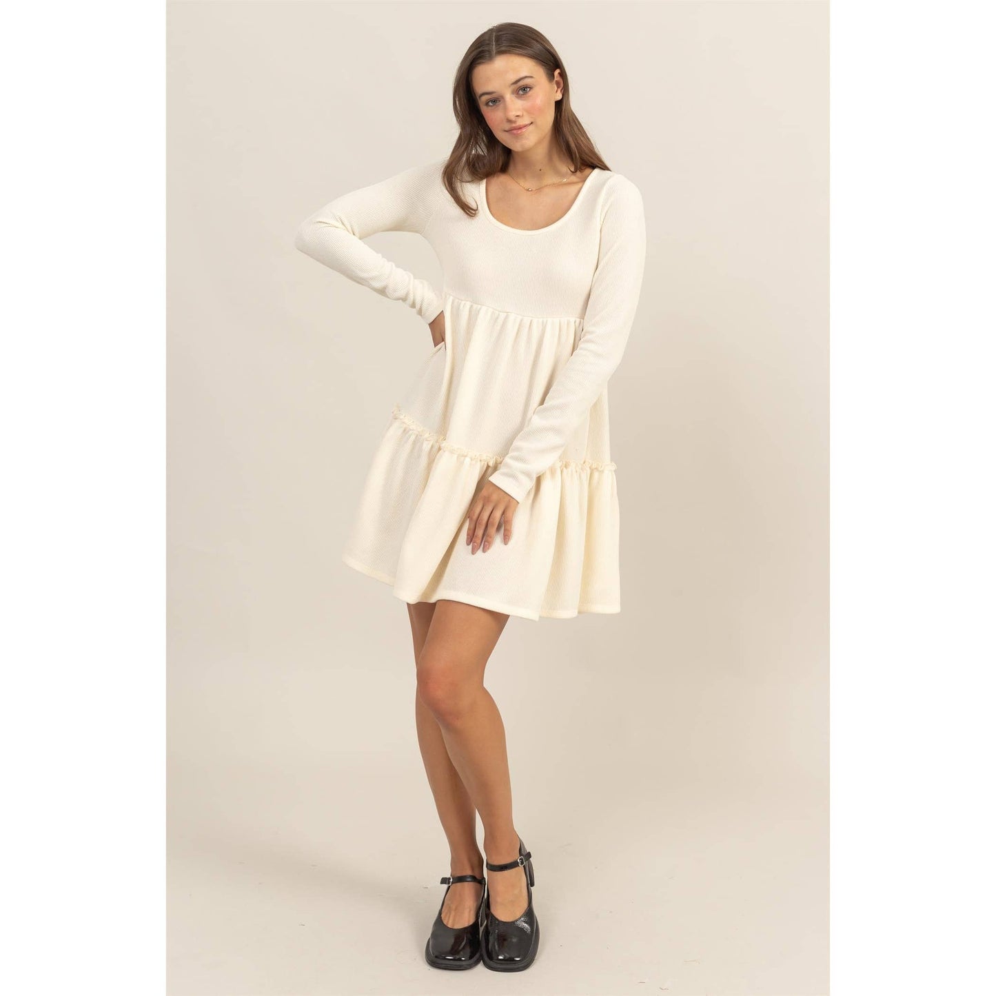 RIB BABYDOLL TIERED MINI DRESS