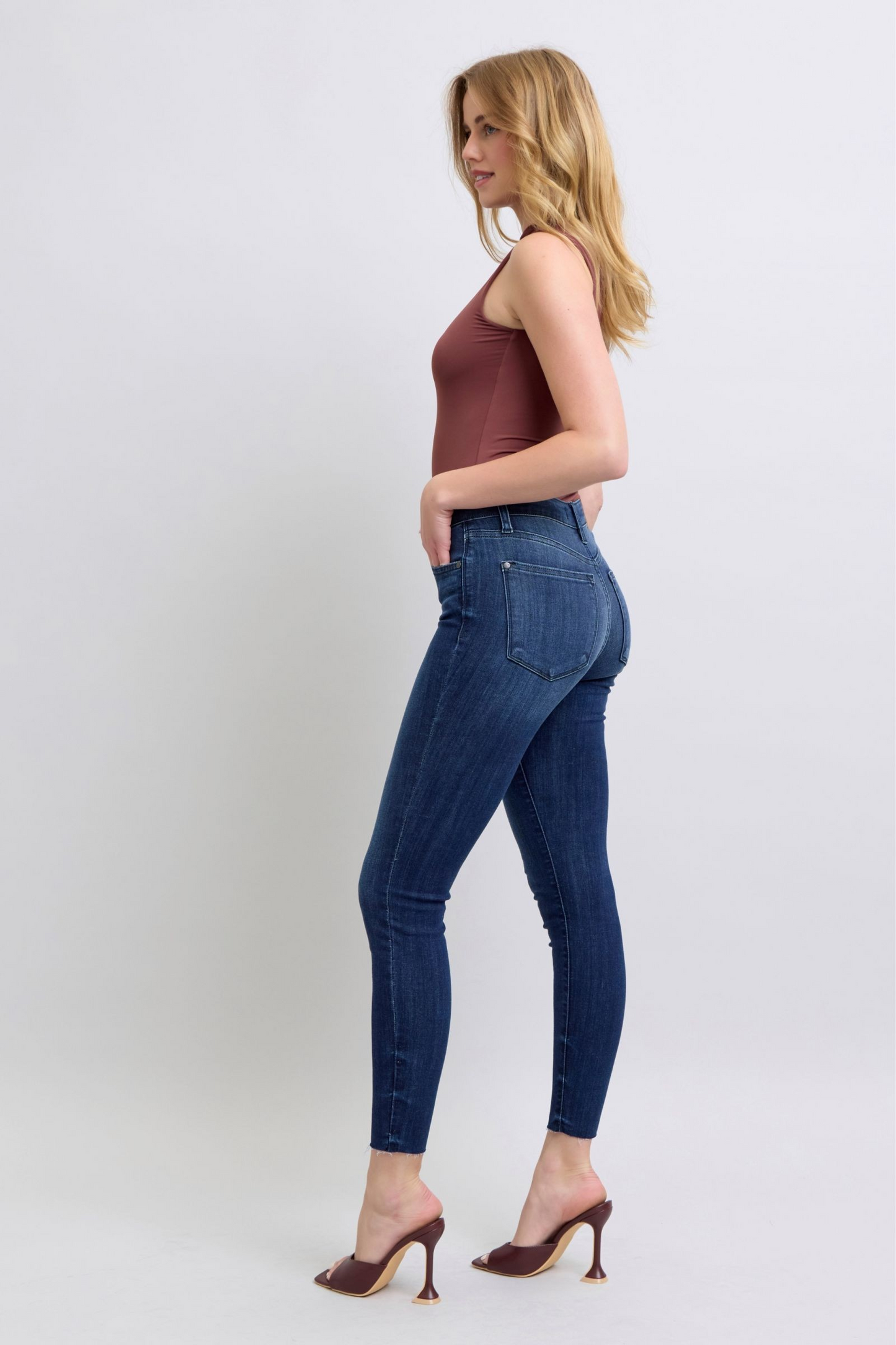 Judy Blue Mid-Rise Dark Wash Skinny with Raw Hem