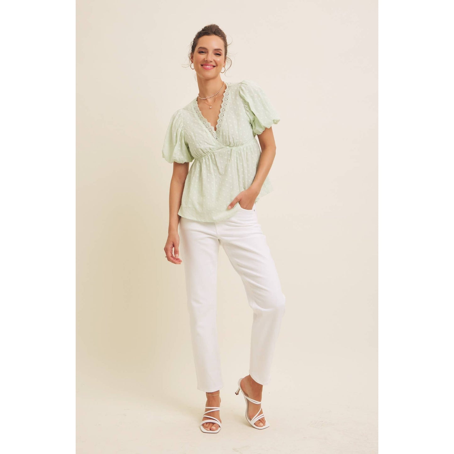 SCALLOP TRIM V-NECK EYELET BLOUSE WITH BUBBLE SLEEVES