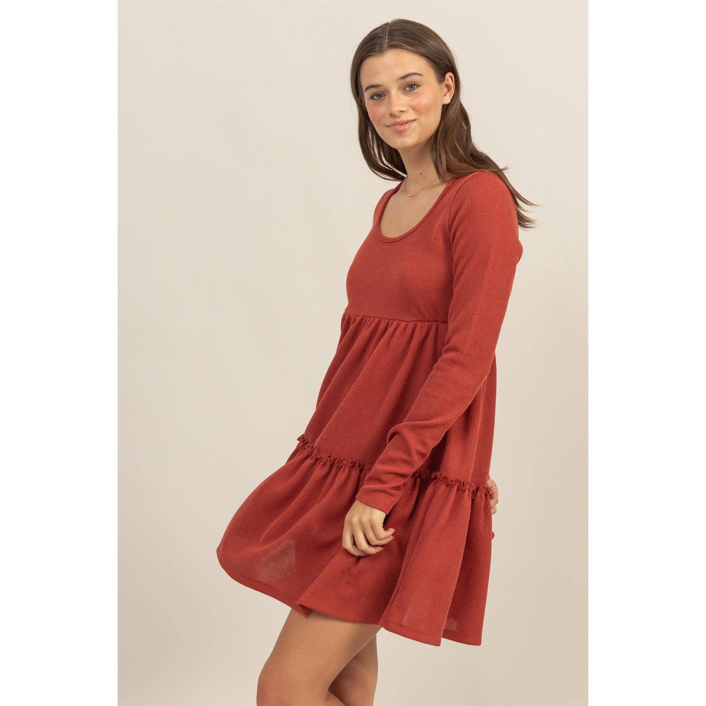 RIB BABYDOLL TIERED MINI DRESS