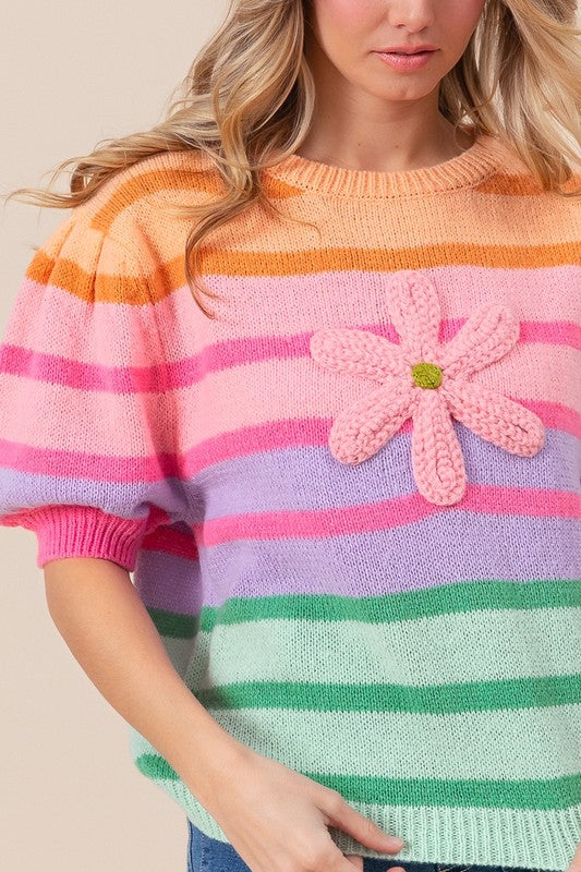 FLOWER PATCH PUFF SLEEVE SWEATER