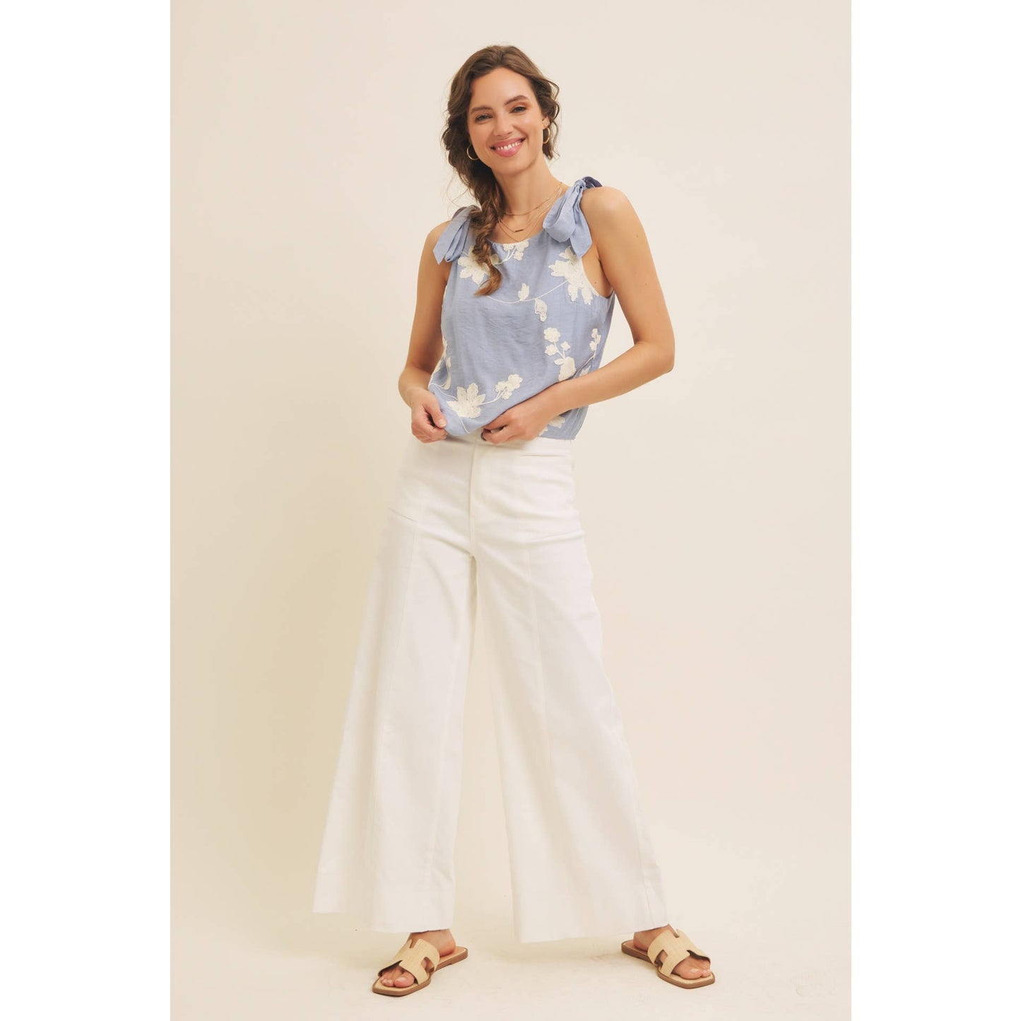 ROMANTIC EMBROIDERY BLOUSE TOP WITH BOW STRAPS