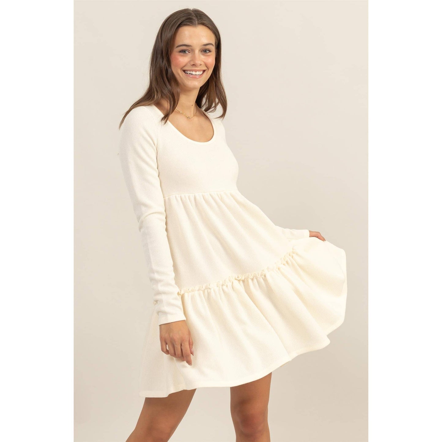 RIB BABYDOLL TIERED MINI DRESS