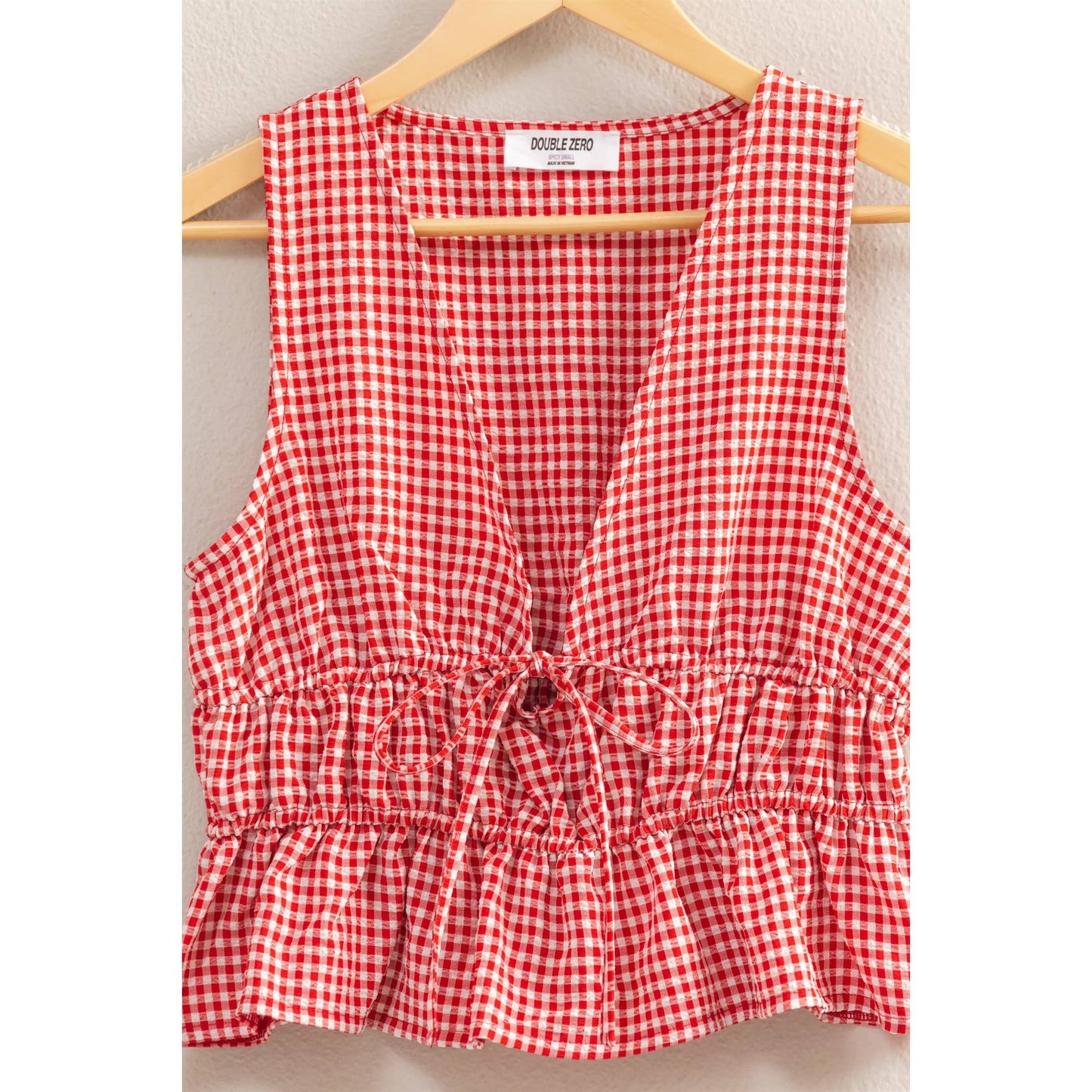 V-Neck Bow Detail Sleeveless Gingham Top