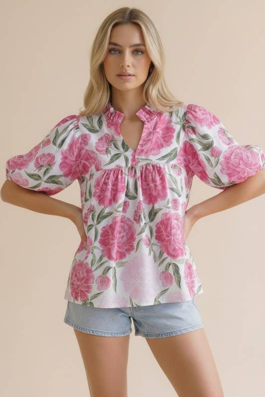 Plus Floral Frilled Puff Sleeve Blouse