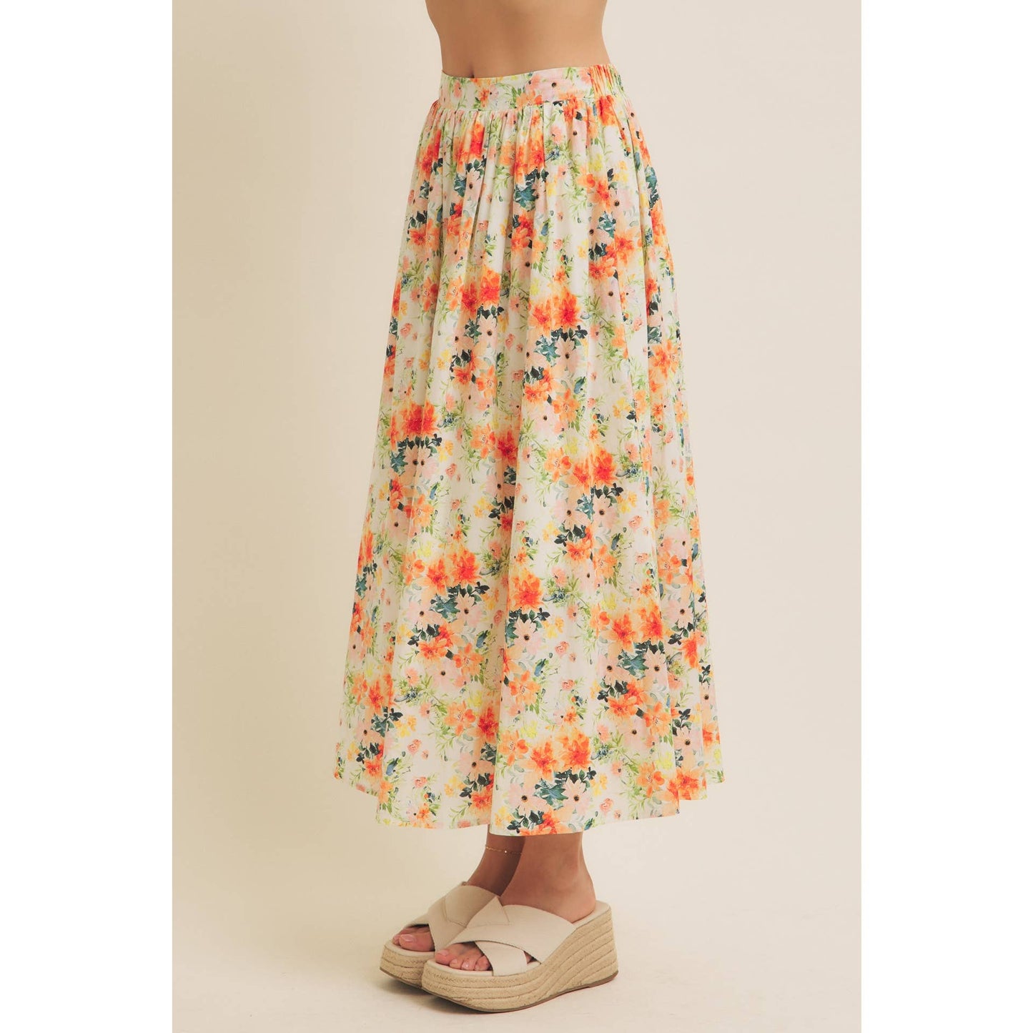 FLORAL MAXI SKIRT WITH POCKETS AND ELASTIC BAND