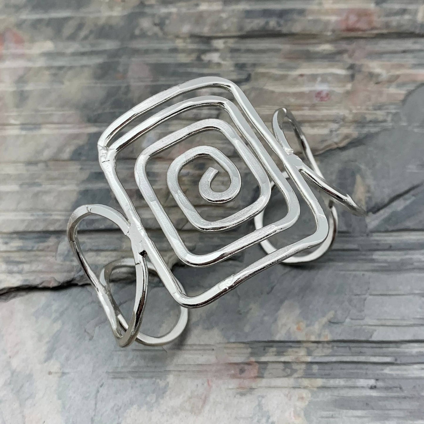 Silver Plated Adjustable Cuff Bracelet - Square Spiral