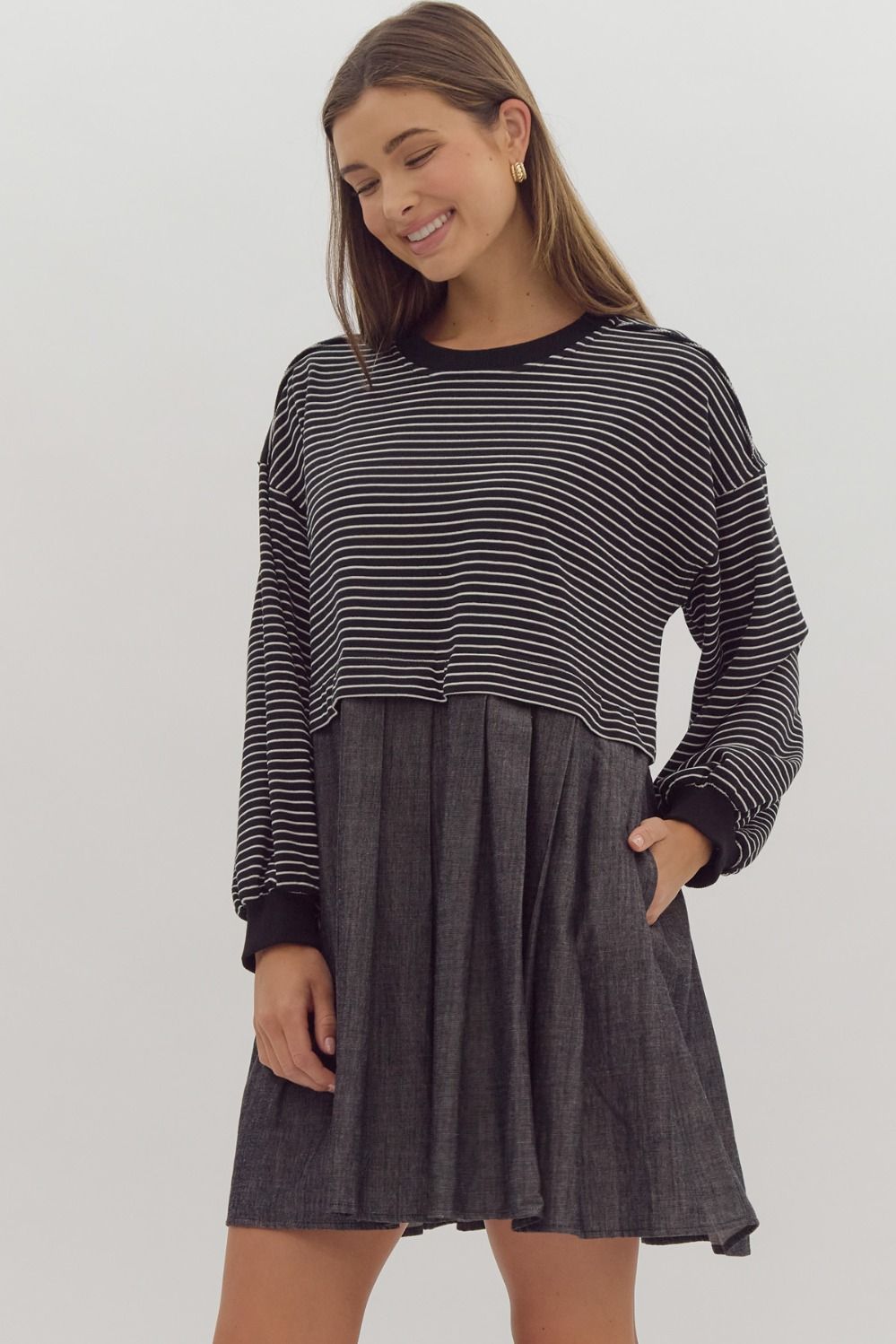 Entro Stripe Long Sleeve Twofer Solid Skirt Drop Shoulder Mini Dress