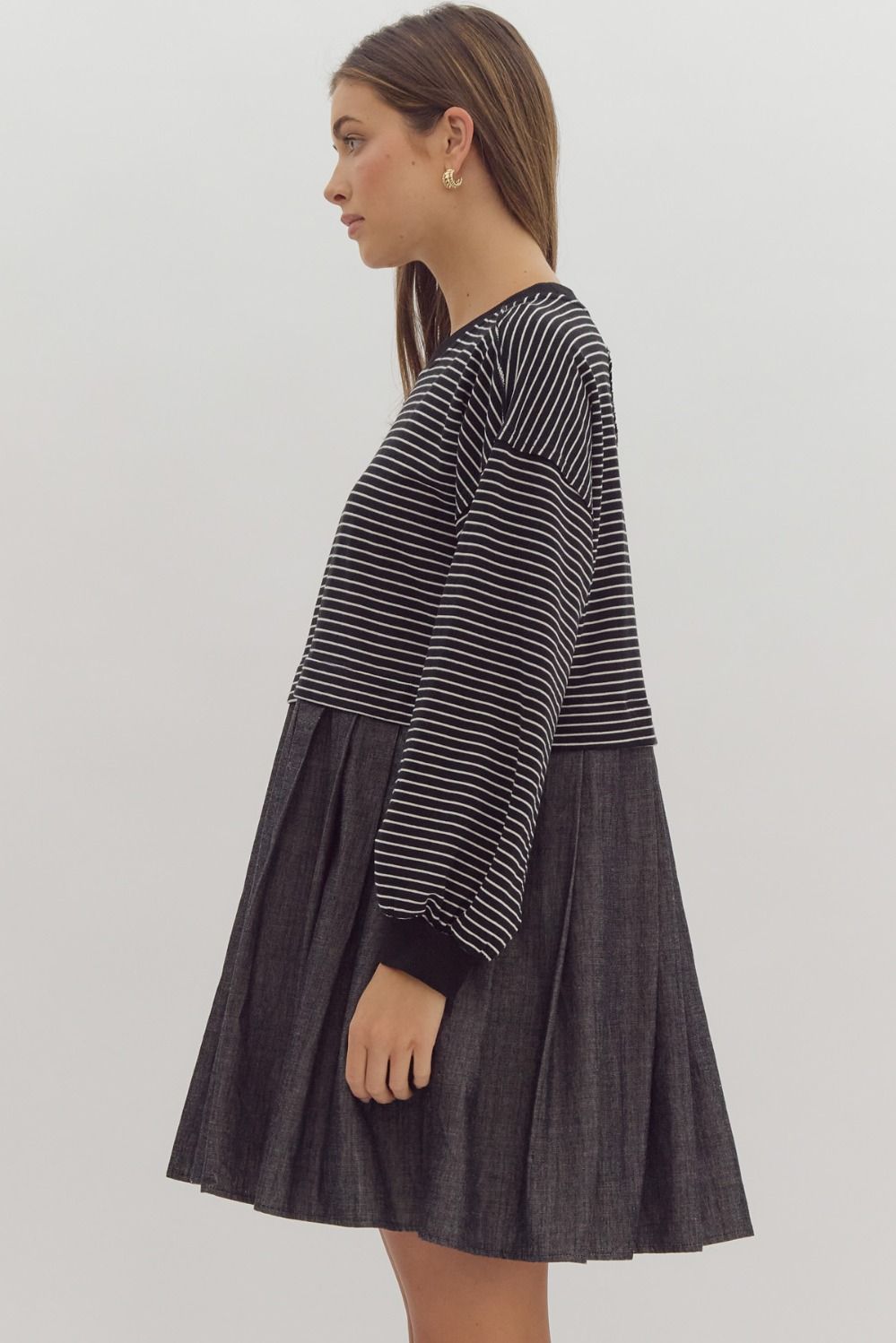 Entro Stripe Long Sleeve Twofer Solid Skirt Drop Shoulder Mini Dress